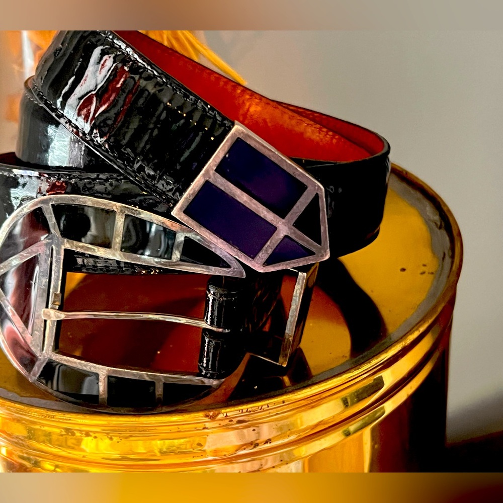 Pat Areias 925 Sterling Silver and Onyx BeltBuckle and Leather Belt